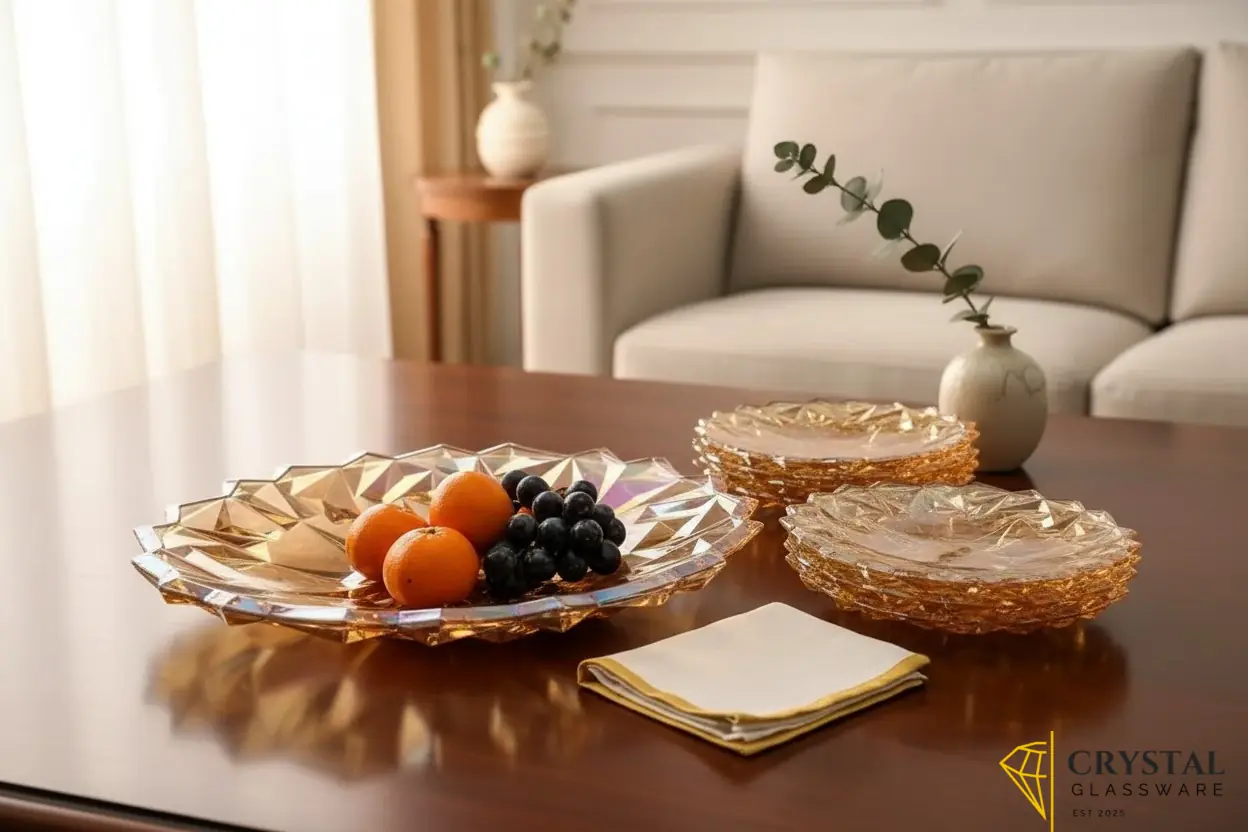 Delisoga Premium Gold 7-Piece Glass Cake Set - 1 Large Plate & 6 Quarter Plates for Snacking & Serving